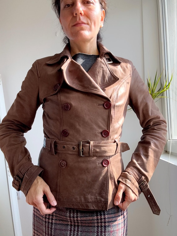 Vintage Promod Brown Lamb Leather Jacket Size S, Y2K Real Leather Trench Coat, Soft Lambskin Taupe Brown Blazer, 90s Cropped Leather Coat