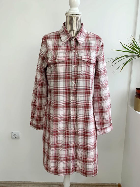 Vintage 90s Y2K Shirt Dress Size L, White Red Khaki Checkered Button Front Dress, Roll Up Sleeves Collared Midi Dress, Relaxed Cotton Dress