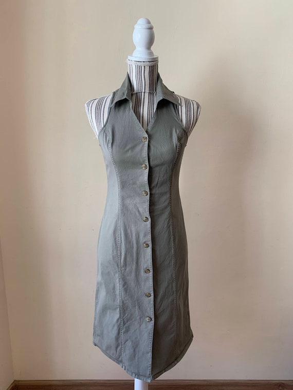 Vintage 90s Khaki Shirt Dress Size S M, Polo Collared Button Down Dress, Sleeveless Midi Dress, Basic Safari Dress, Cotton Summer Dress