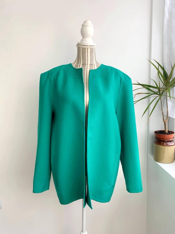 Vintage 80s CAPRICE Italy Green Wool Blazer for Women Size L XL, Boxy Oversized Open Front Jacket, 100% Virgin Wool Cardigan, Emerald Coat