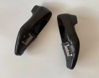Black Leather Loafers for Women Size UK 5, Vintage 90s Block Heel Moccasins, Real Leather Monk Shoes, Office Slip On Shoes, Low Heel Pumps