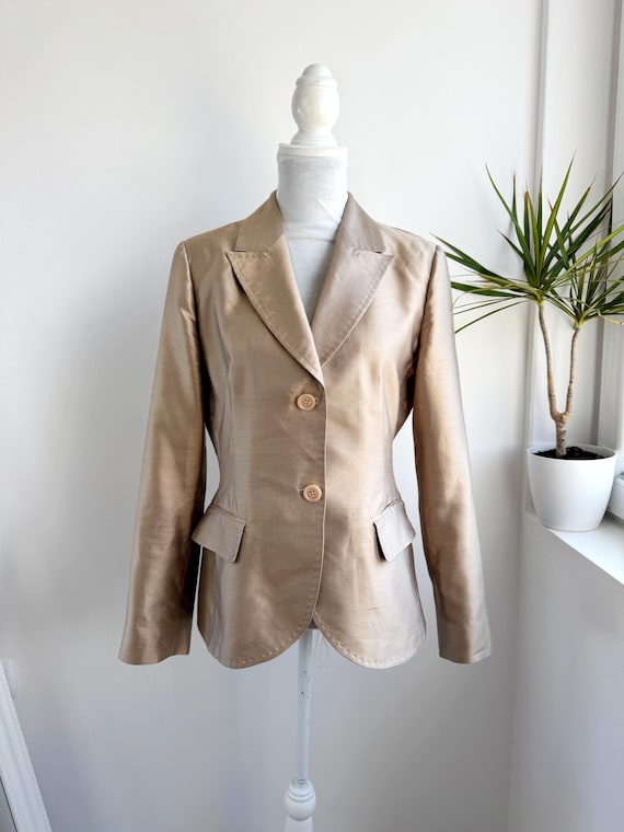 Max Mara Group iBlues 100% Silk Blazer, Vintage Italian Designer Jacket, Champagne Beige Notched Lapel Luxury Vintage Silk Coat Size M