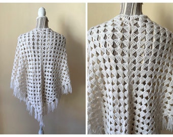 Winter Crochet Lace Shawl, Bridal Off White Triangle Shawl, Vintage Evening Shawl Wrap, Fringed Boho Shawl, Wedding Stole with Tassels