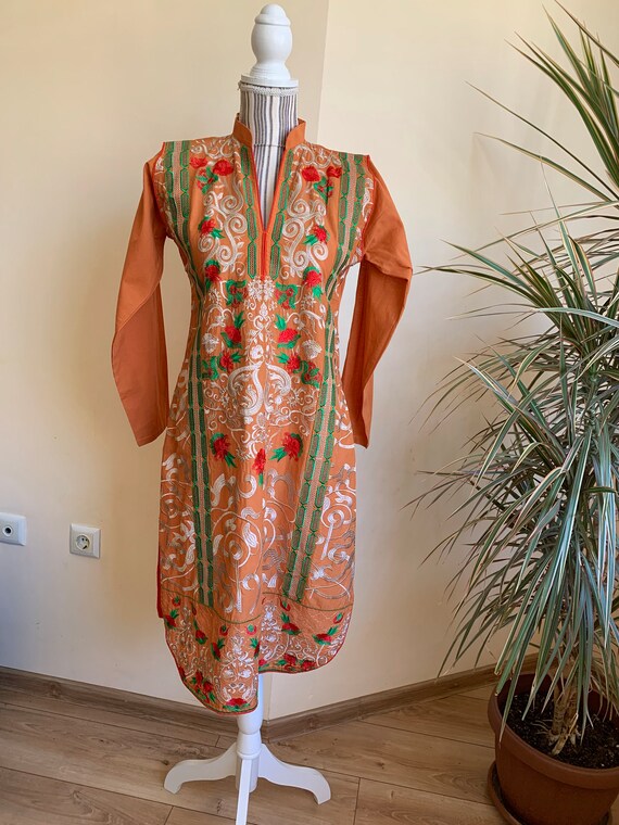 Vintage Kaftan Side Slit Midi Dress, Orange Mid Calf Dress with Floral Embroidery Dress, Cotton Long Sleeve Dress, Bohemian Tunic Size XS S