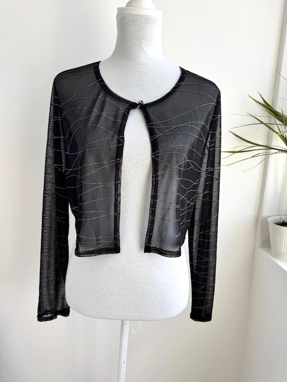 Vintage Black Mesh Bolero Jacket, Sheer Metallic Crop Cardigan, Y2K Going Out Cover Up Top, Evening Glitter Shrug Womens Size Medium Large
