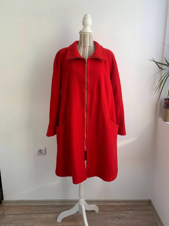 Vintage Red Wool Coat Size L, Collared Woollen Cashmere Coat, Warm Winter Midi Coat, Flared Relaxed A Line Overcoat, Zip Up Long Wool Jacket
