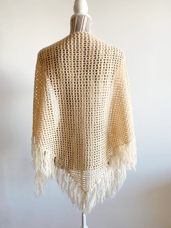 Vintage Ecru Crochet Shawl With Tassels, Cream Wi… - image 2