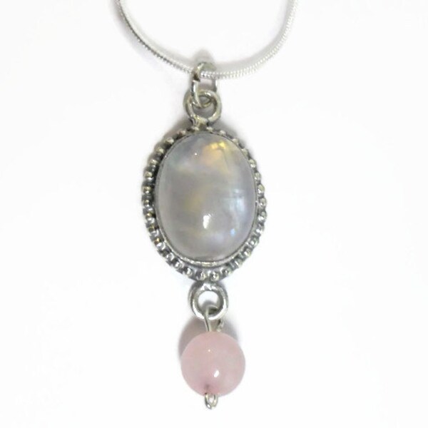 Rainbow moonstone necklace, with rose quartz dangle, moonstone pendant, Y necklace, chakra pendant, chakra necklace, Crystal Energy Canada