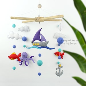 Nautische zeilboot wieg mobiel, boot vis octopus wolken kinderbed hangend speelgoed, babyshower pasgeboren cadeau-ideeën, decor jongen kinderkamer, baby mobiel