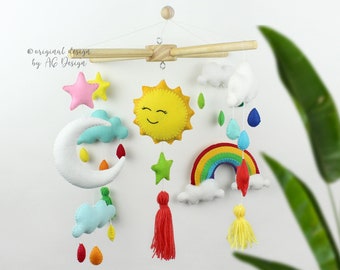 Rainbow baby mobile, Felt Nursery Crib Cot mobile, Sun Moon Clouds Stars, Baby shower gifts, Hanging toys Nursery Decor, new parents gifts