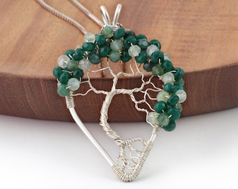 Tree of Life Cluster Green pendant Necklace, Gemstone wire tree, Sterling Silver gift for her, Ethnic boho family tree pendant, Gift for mom