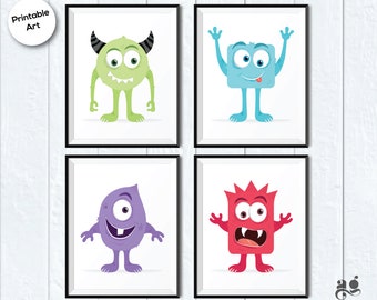 SALE Cute monster prints - Set of 4, Little monsters, Monster decor, Nursery printable wall art, Little monster baby print, Baby boy nursery