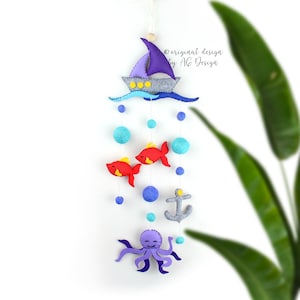 Gender Neutral Wall Hanging, Boat Nautical Nursery Decor, Baby Christmas Gift idea, Seaside Sailboat Fish, Handmade Felt Animal Wall Hanging
