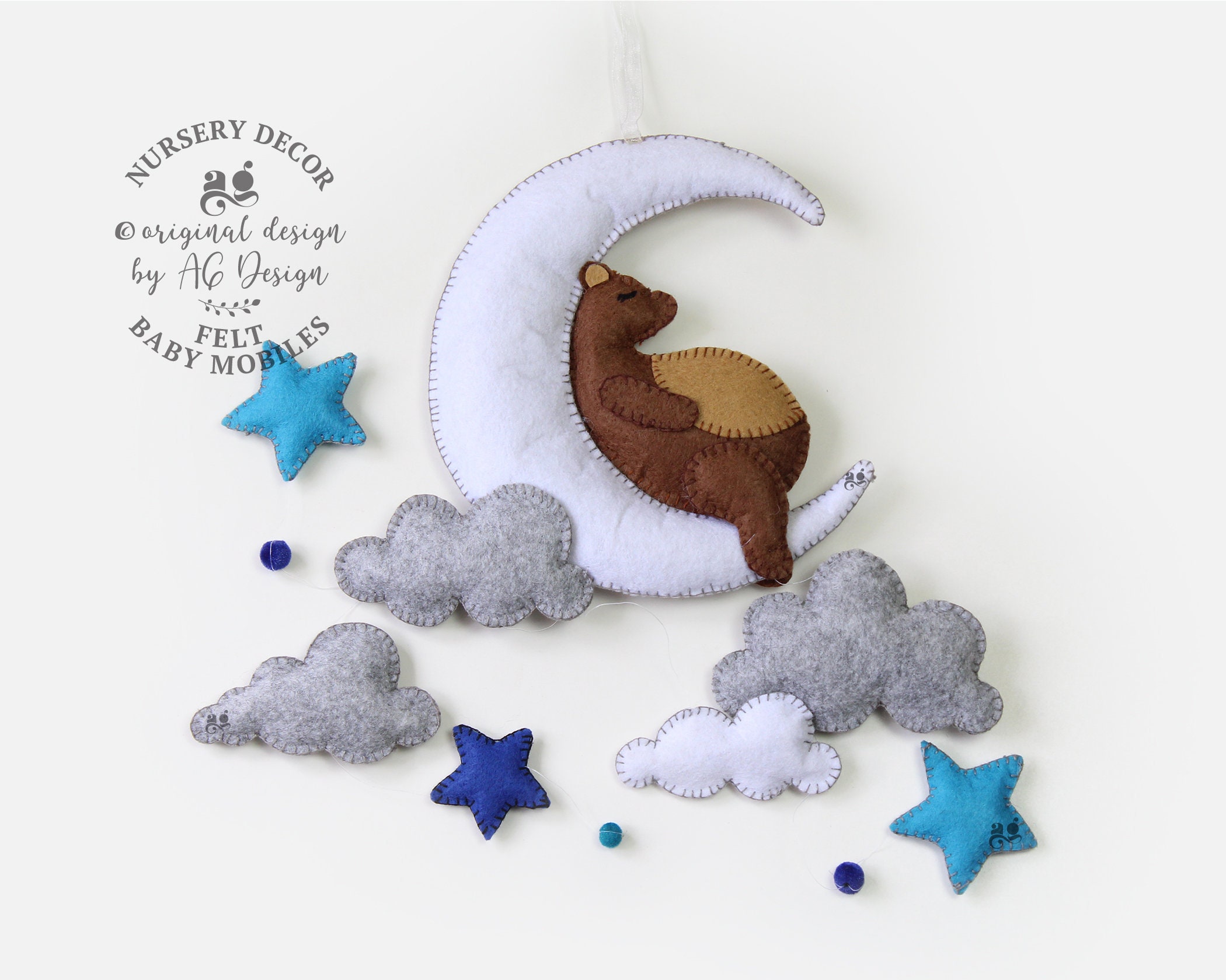 Gender Neutral Baby Mobile, Moon Clouds Stars Wall Hanging, Sleepy Bear Crib Mobile, Lit d'enfant en