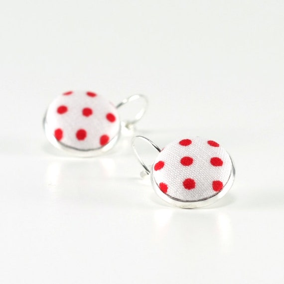 Red and White Polka Dots Silver Toned Leverback Earrings Red White Classic Shabby Cottage Chic Fabric Covered Buttons Spring Jewelry