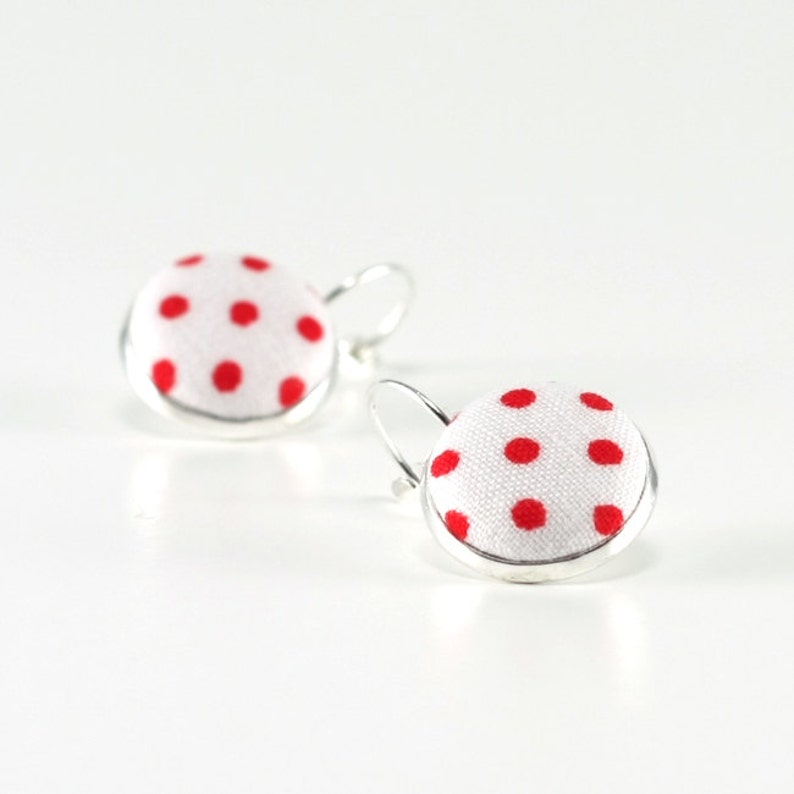 Red and White Polka Dots Silver Toned Leverback Earrings Red White Classic Shabby Cottage Chic Fabric Covered Buttons Spring Jewelry
