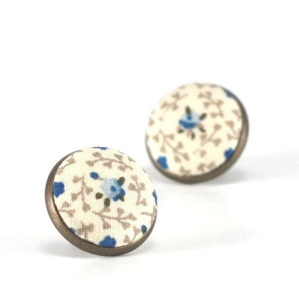 Flower Stud Earrings, Roses For Jane Austen Earrings, Blue Floral Studs, Beige Blue Romantic Regency Fabric Buttons Jewelry, Antique Posts