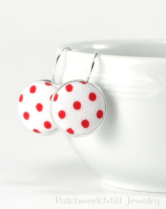 Red and White Polka Dots Silver Toned Leverback Earrings Red White Classic Shabby Cottage Chic Fabric Covered Buttons Spring Jewelry