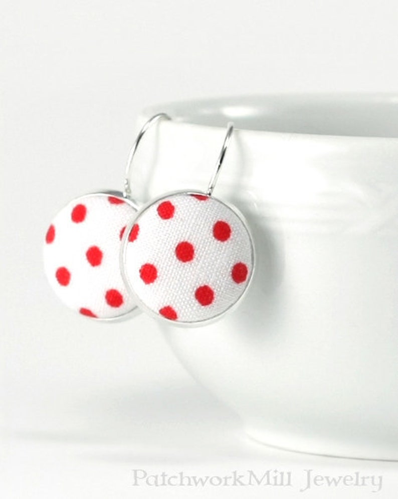 Red and White Polka Dots Silver Toned Leverback Earrings Red White Classic Shabby Cottage Chic Fabric Covered Buttons Spring Jewelry