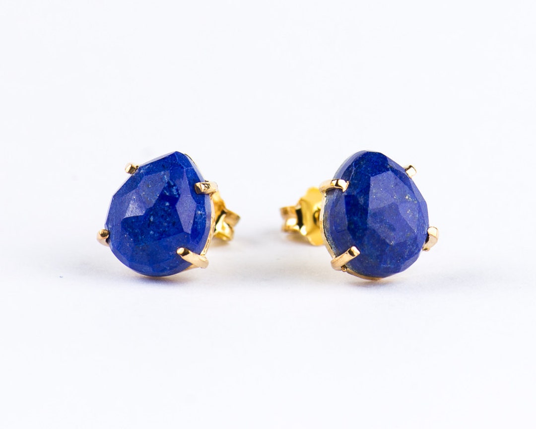 Lapis Lazuli Prong Tear Drop Earrings Gold Lapis Studs - Etsy