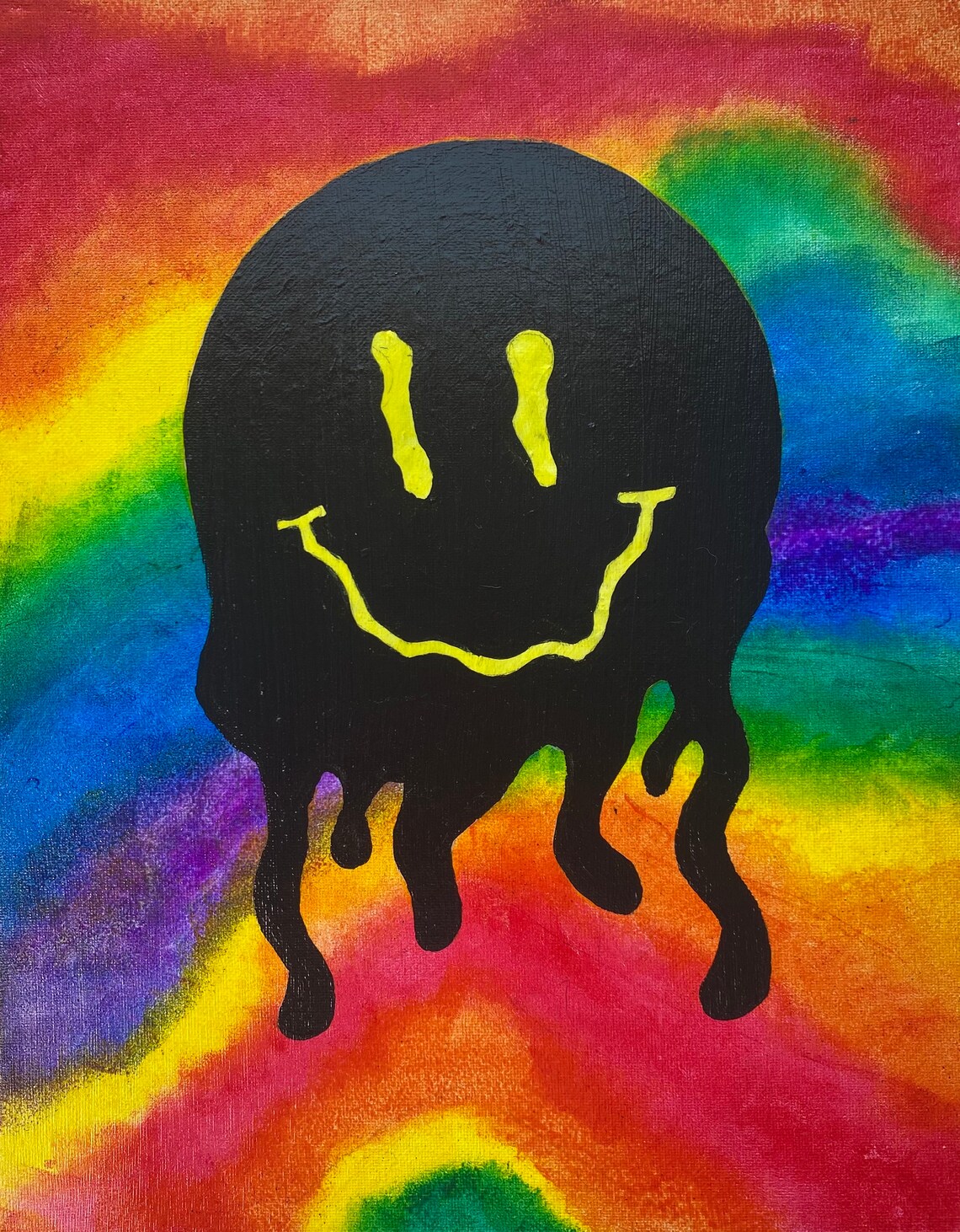 Drip Smiley Face Rainbow Canvas Board Painting Size 11x14 Etsy