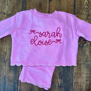 Embroidered Bow Name Hot Pink Scalloped Sweatshirt Set Embroidery