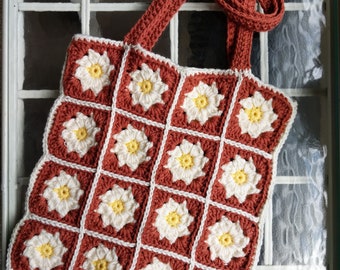 Crochet Flower Tote Bag | Crochet Granny Square Purse | Crochet Book Bag | Crochet Purse | Over the Shoulder Bag | Gifts for Her