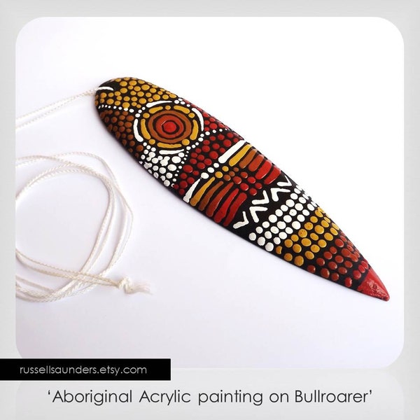 Australian Aboriginal Instrument, Bullroarer, Acrylic Paint Dot Designs on wood, by Russell Saunders