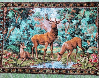 vintage French wall hanging, vintage rug, velvet wall hanging deer wall hanging, vintage carpet
