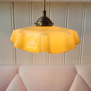 French opaline Pendant Light, frilled edges lamp, yellow opaline glass lamp, handkerchief lampshade, art deco lamp