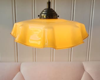 French opaline Pendant Light, frilled edges lamp, yellow opaline glass lamp, handkerchief lampshade, art deco lamp