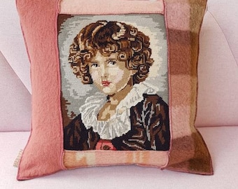 blanket pillow, wool pillow with blankets and vintage embroidery of a child 55-55  cm, vintage cushion made by Hebben&Houden