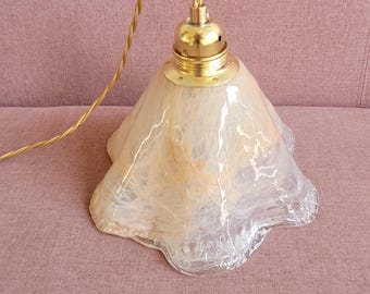 French vintage glass pendant light, vintage glass lamp, amber marbled glass lamp, glass lampshade, 1960s lamp, Art Deco style