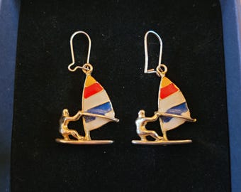 Vintage enamel windsurfer earrings, enameled surfing earrings