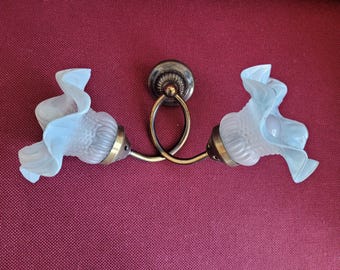 French white and blue glass wall Light, vintage glass lamp, frilled edges glass lampshade, handkerchief lamp, double wall light