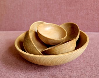 Vintage wooden serving bowl with 5 small bowls. Snack garnish set wooden peanut bowls, vintage tapas set, wooden bowl set, 6-piece