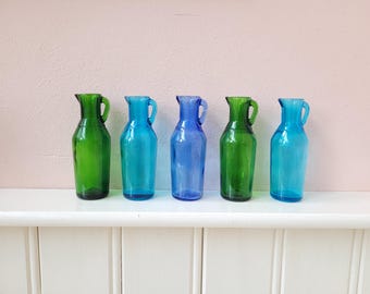 Set of vintage glass vases, vintage carafes, set of retro carafes, 5 olive oil jugs