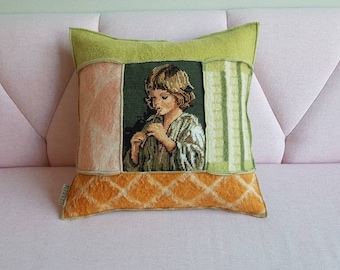 wool blanket pillow, wool pillow with blankets and vintage embroidery of a child, Hebben&Houden 50-50cm, vintage cushion, patchwork cushion