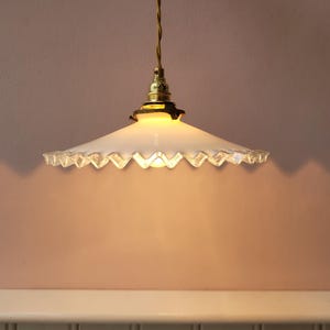 Vintage French opaline Pendant Light, white frilled edges lamp, white opaline glass lamp, handkerchief lampshade, art deco lamp