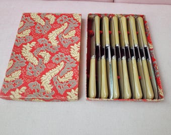 Vintage French knife set in box, brocante knives in box, 12-piece knife set, Langres stainless steel knives