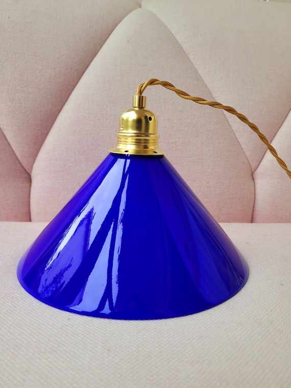 Vintage French Opaline Pendant Light, Royal Blue Lamp, Blue