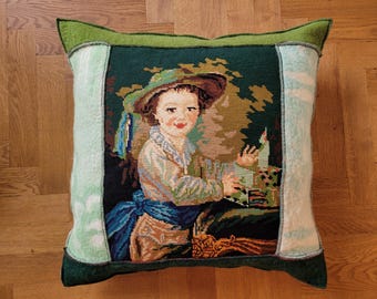 blanket pillow, wool pillow with blankets and vintage embroidery of a child 55-55  cm, vintage cushion made by Hebben&Houden