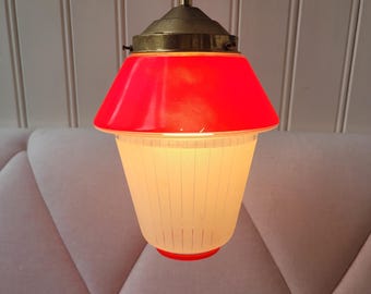 Vintage French lamp, engraved milk glass lamp, retro pendant lamp, geometric pattern, milk glass lamp, 1950s lamp, mushroom lamp