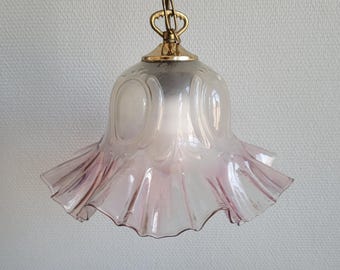 French white and pink glass Pendant Light, vintage glass lamp, frilled edges glass lampshade, handkerchief lamp, Hollywood regency pendant