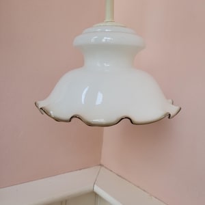 Vintage French opaline Pendant Light, white frilled edges lamp, white opaline glass lamp, handkerchief lampshade, art deco lamp