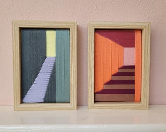 Textile art, woven art, set of 2 artworks, miniature wall art, woven wall art, geometric wall art, textile wall art