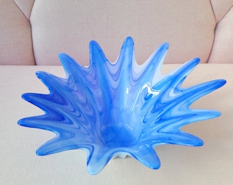 Vintage Murano? Fostoria? bowl, blue glass bowl, Murano glass bowl, handkerchief bowl