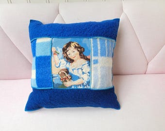 wool blanket pillow, wool pillow with blankets and vintage embroidery of a child, 50-50cm, vintage cushion, patchwork cushion