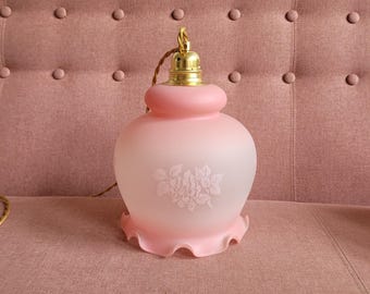 French frosted pink glass Pendant Light, vintage glass lamp, pink glass lampshade, 1960's lamp
