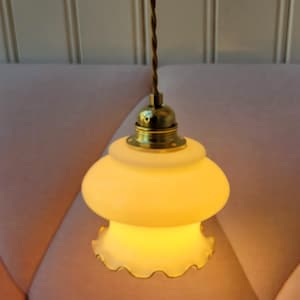Vintage French opaline Pendant Light, white frilled edges lamp, white opaline glass lamp, handkerchief lampshade, art deco lamp
